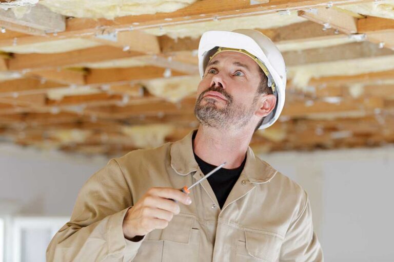 A person examining a concrete basement wall with signs of damp spots and minor cracks.