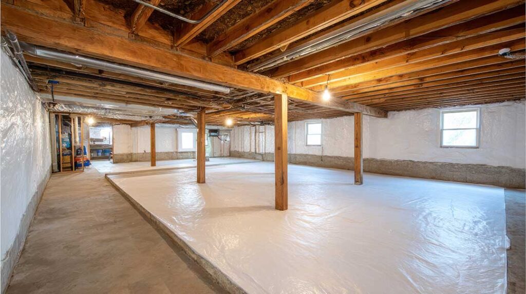 Homeowner inspecting a damp basement wall beside a sump pump and concrete foundation floor.